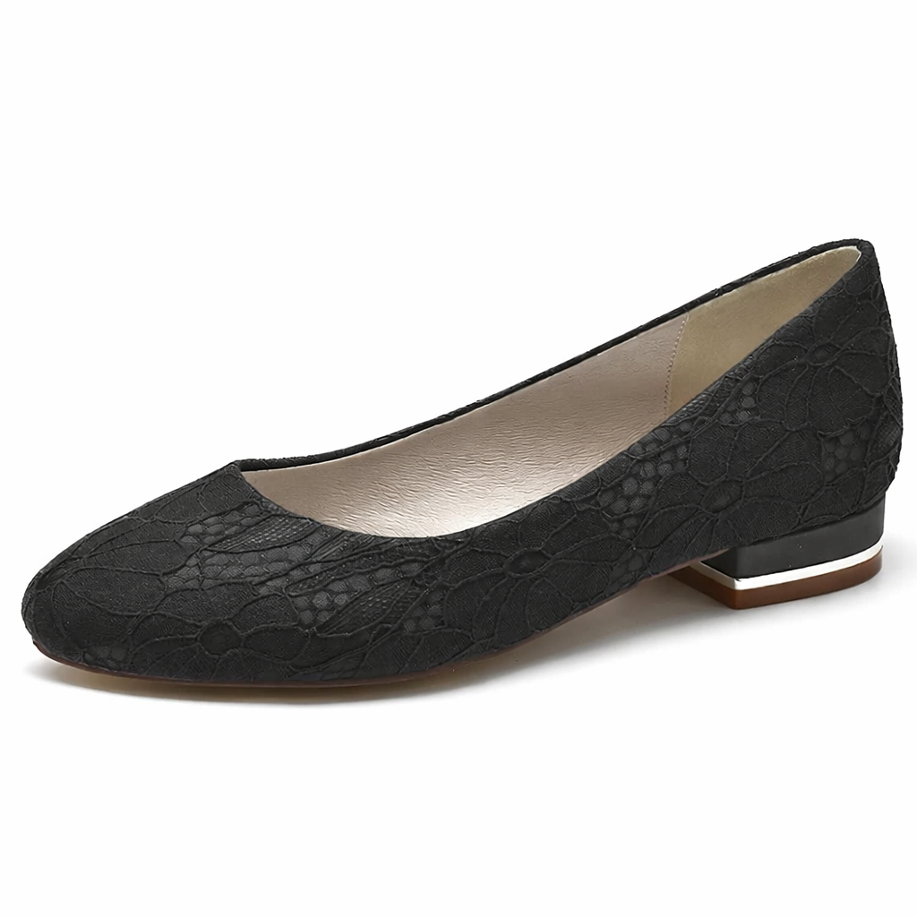 Women’s White Lace Bridal Flats – Round Toe Wedding Shoes with Low Heel Comfort