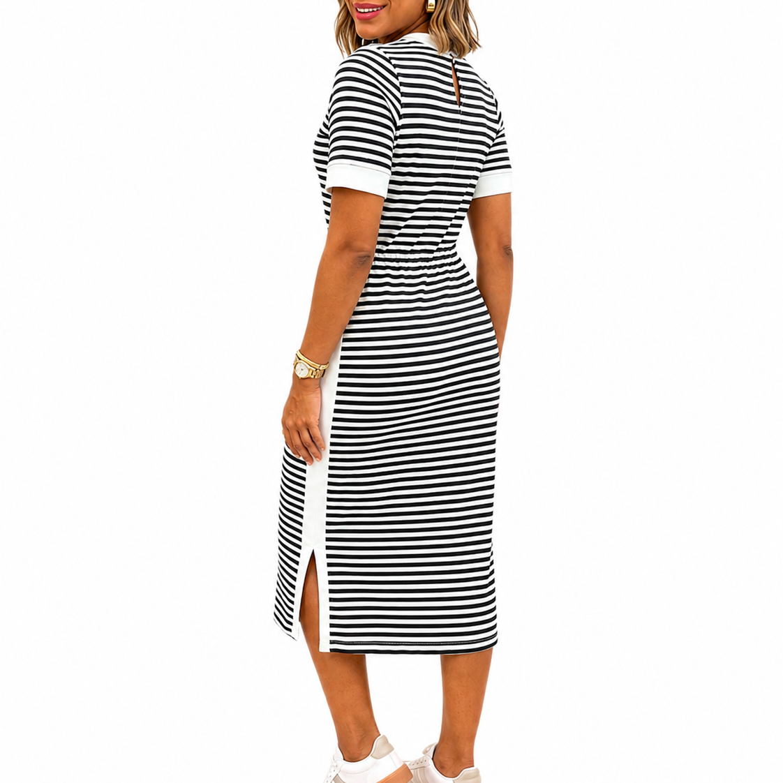 Women's Black and White Striped Midi T-Shirt Dress