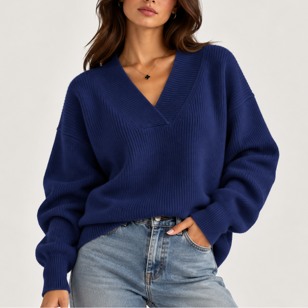 Women's Oversized V-Neck Knitted Sweater – Soft Knit Jumper