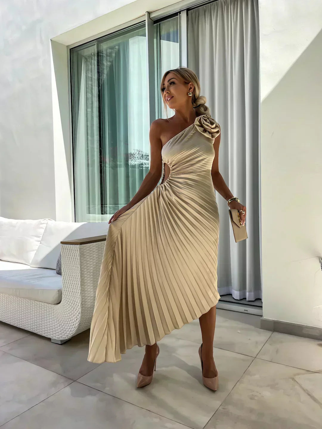 Violet | Women’s Pleated One Shoulder Midi Dress