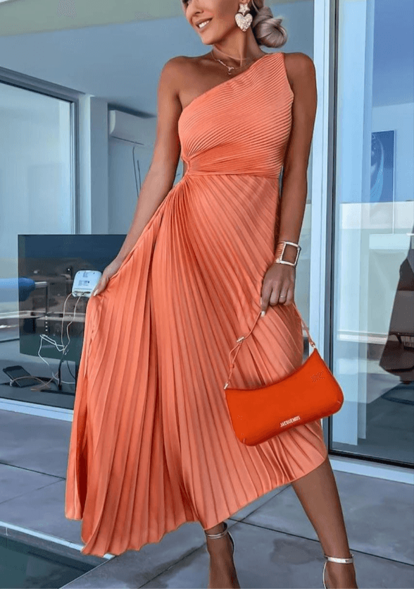 Lily | Women’s Wedding Gues Dress One Shoulder Pleated Maxi Dress