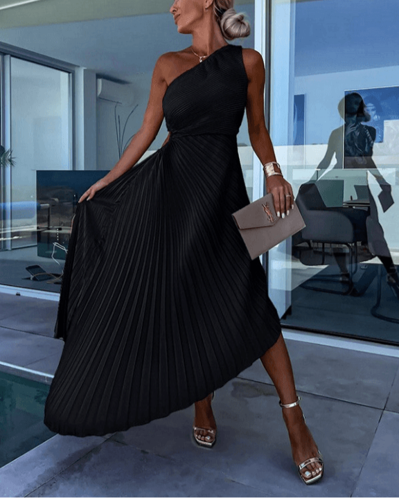 Lily | Women’s Wedding Gues Dress One Shoulder Pleated Maxi Dress