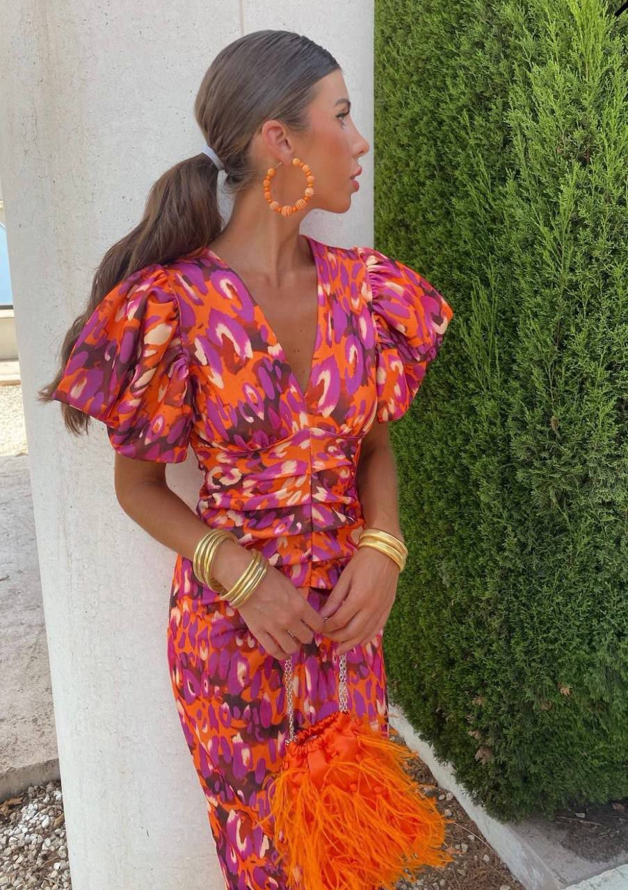 Natalie | Women’s Summer Printed Puff Sleeve Midi Dress