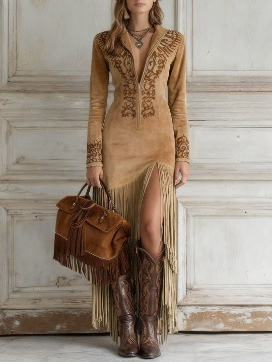 Lily | Women Long Sleeve Fringe Maxi Dress