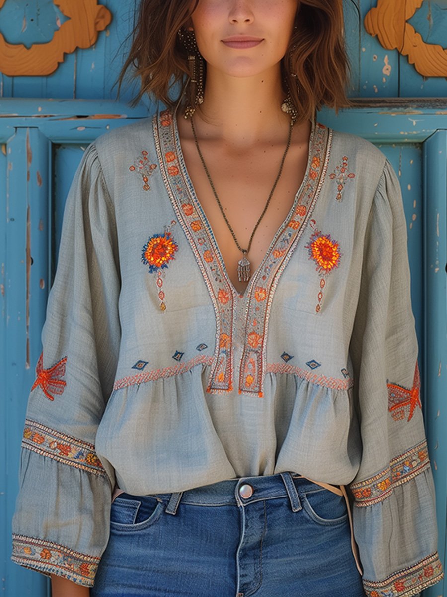 Violet | Women Bohemian Embroidered V Neck Blouse