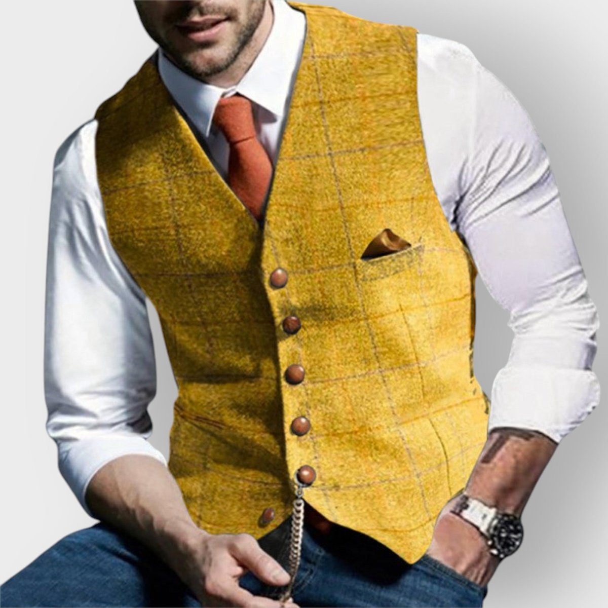 Noah | Mens Gilet Herringbone Tweed Waistcoat Buttoned Checked Vest