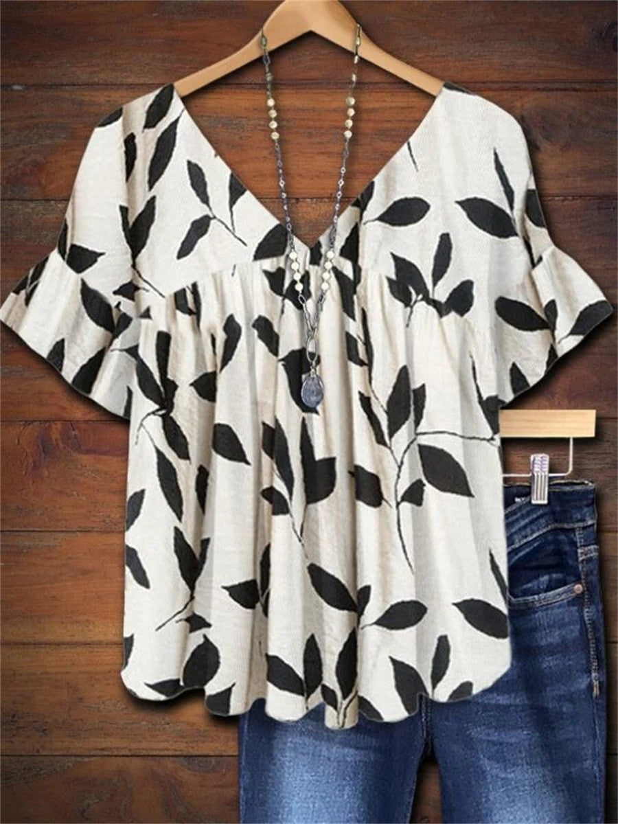 Rosetta | Women's Leaf Print Short Sleeve Blouse