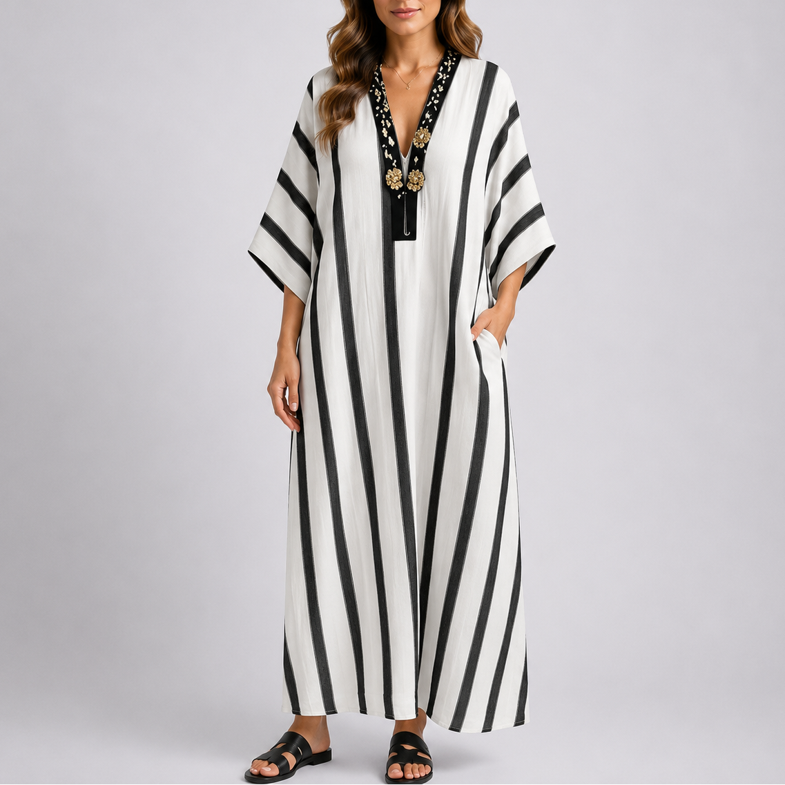 Elegant Mediterranean Striped Long Kaftan Dress