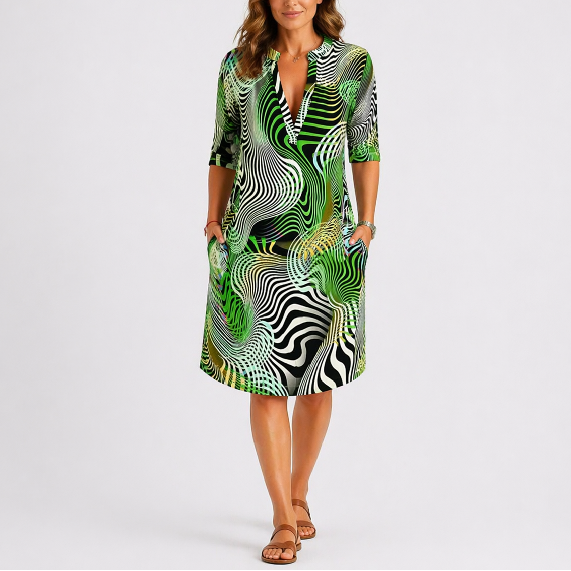 Women's Abstract Print Midi Dress – Lightweight Fabric