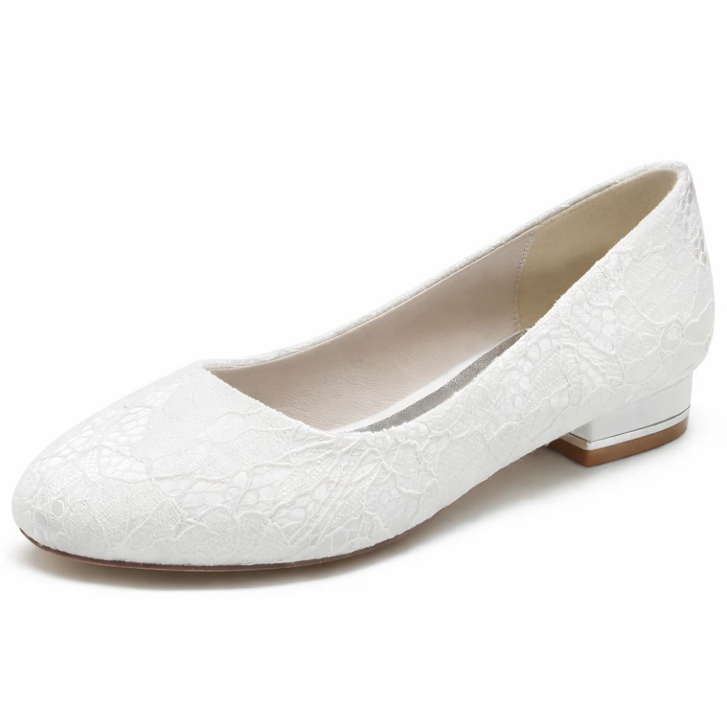 Women’s White Lace Bridal Flats – Round Toe Wedding Shoes with Low Heel Comfort