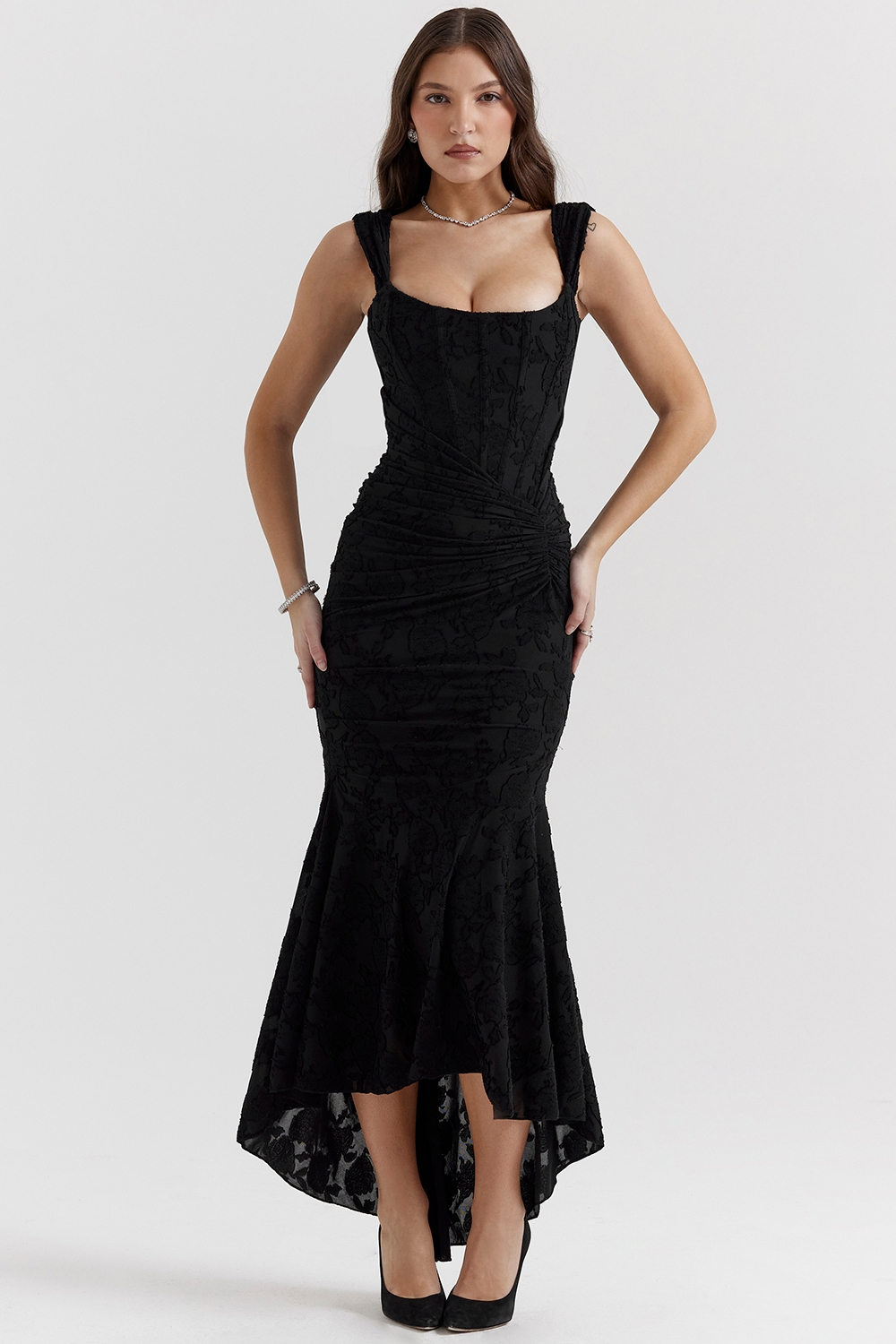 Women Graduation Floral Corset Asymmetric Midi Dress