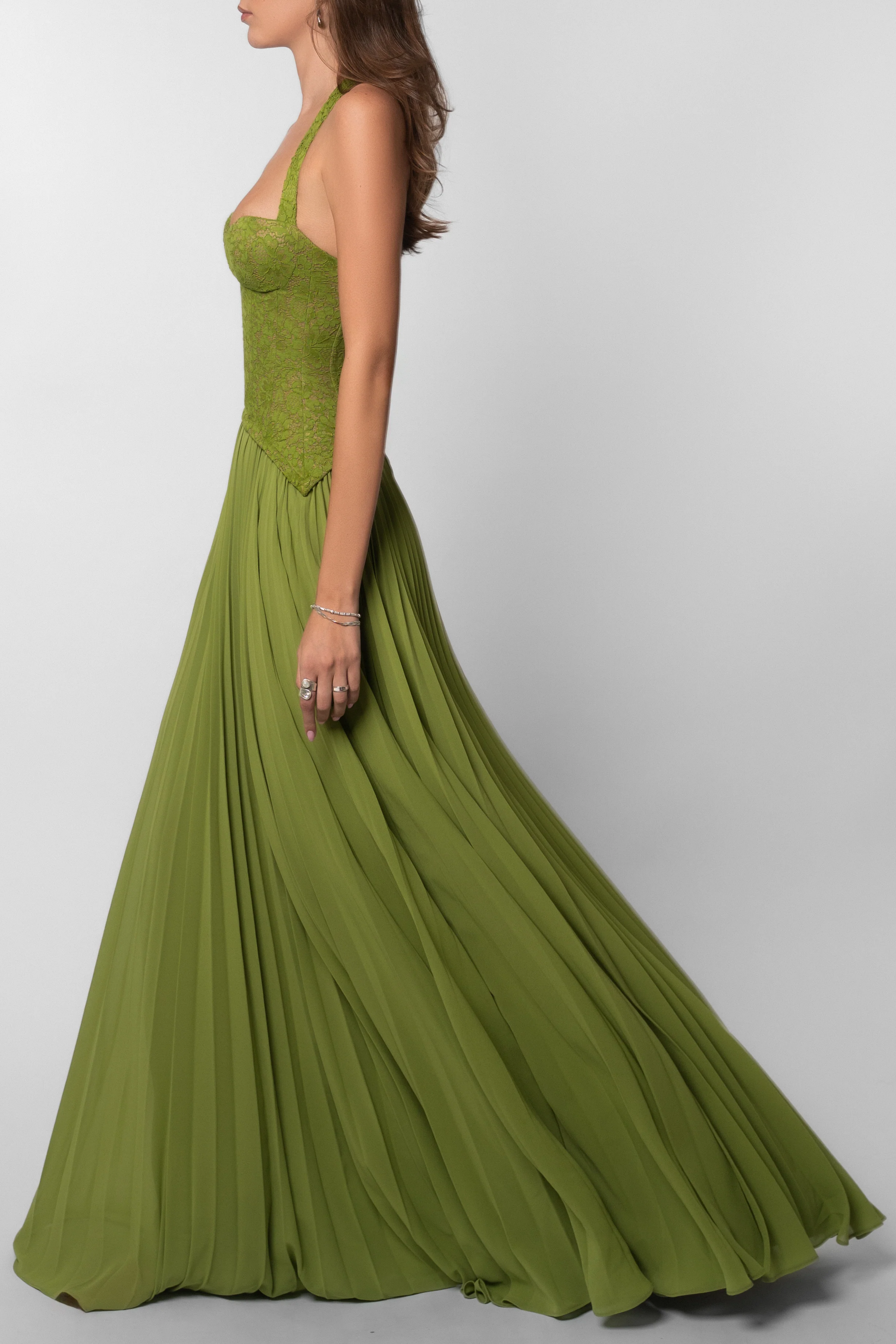 Women Halter Floral Lace Pleated Maxi Dress