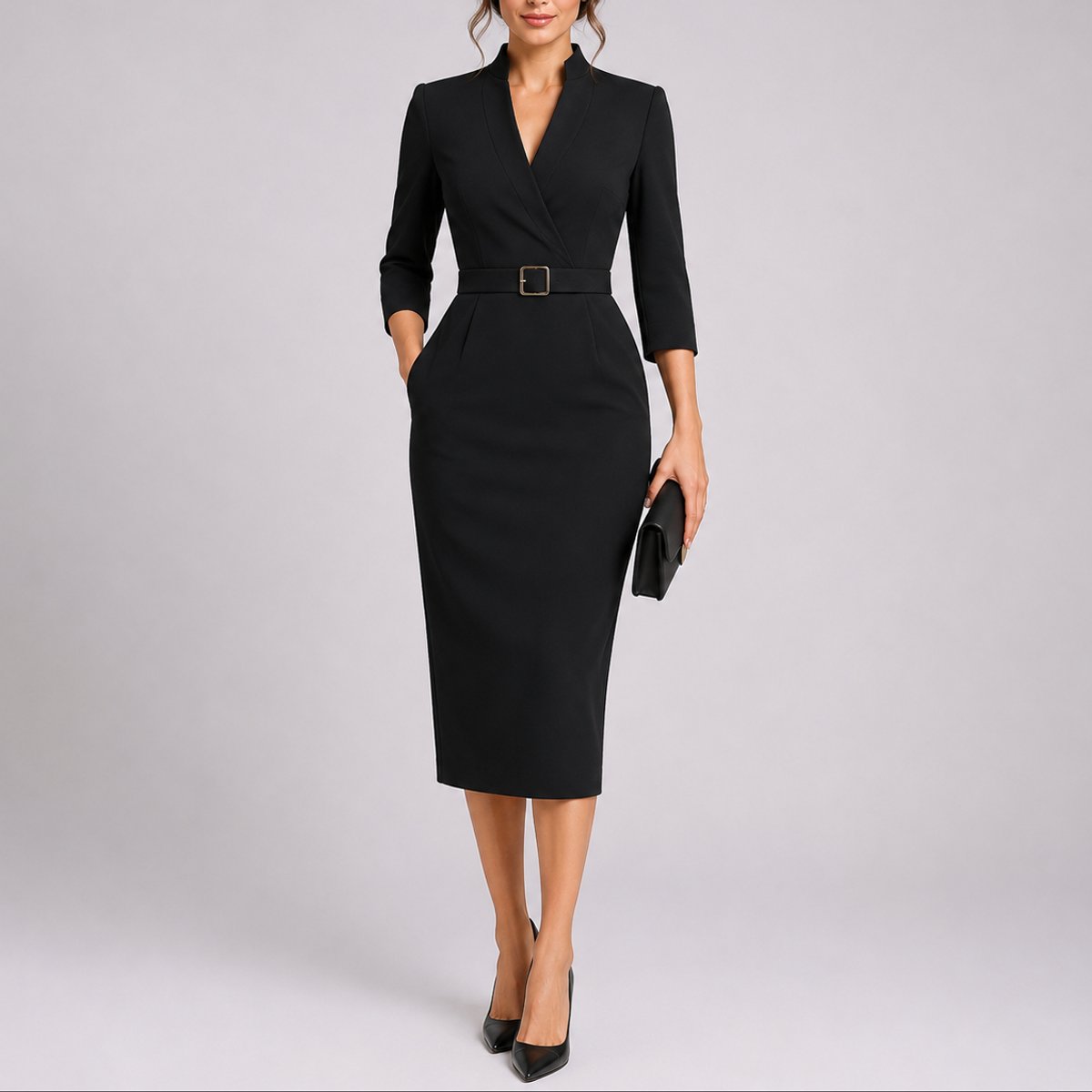 Grace | Women's Belted Bodycon Midi Fall Wedding Guest Dress V-Neck