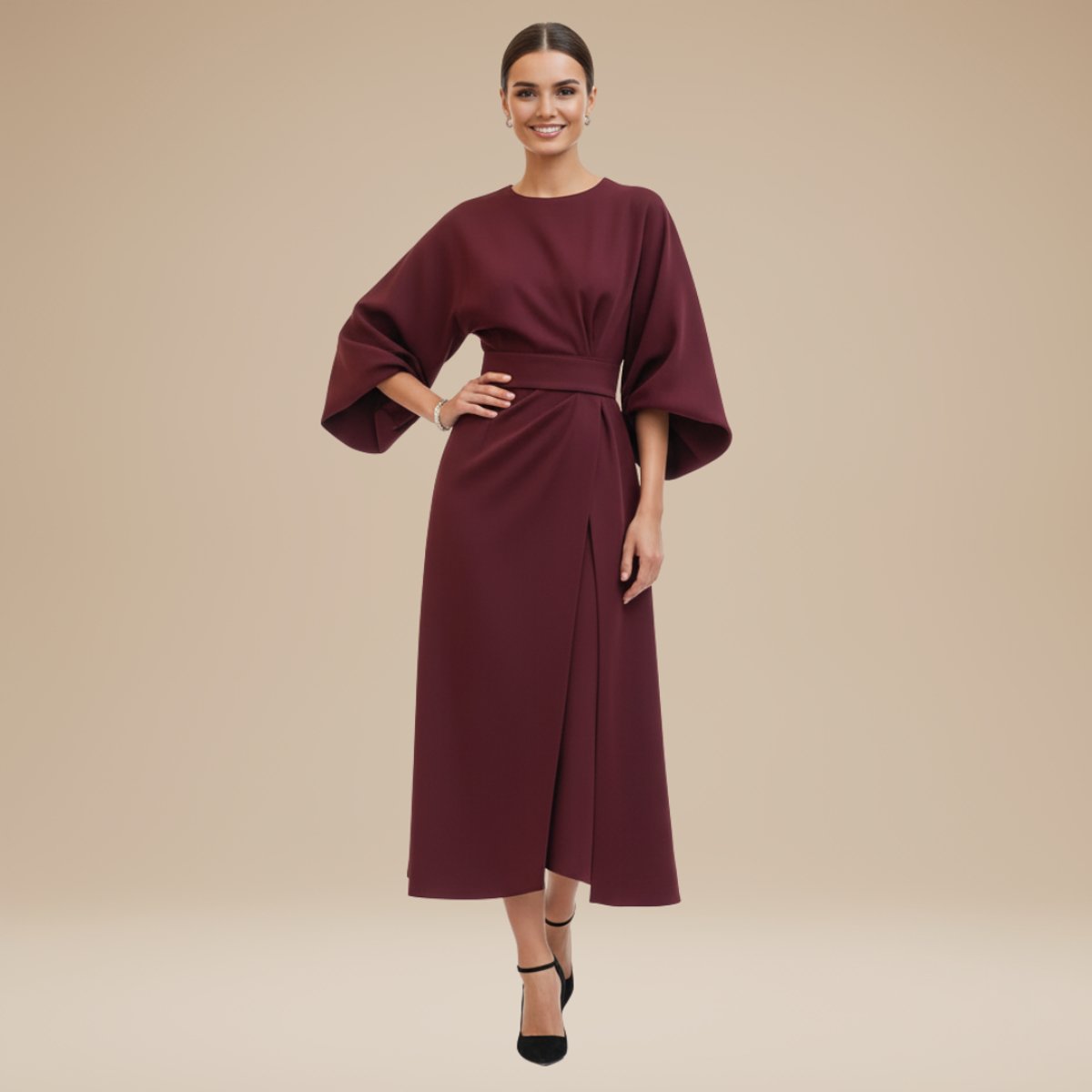 Willow | Women's Belted Wide-Sleeve Midi Long Sleeve Dress