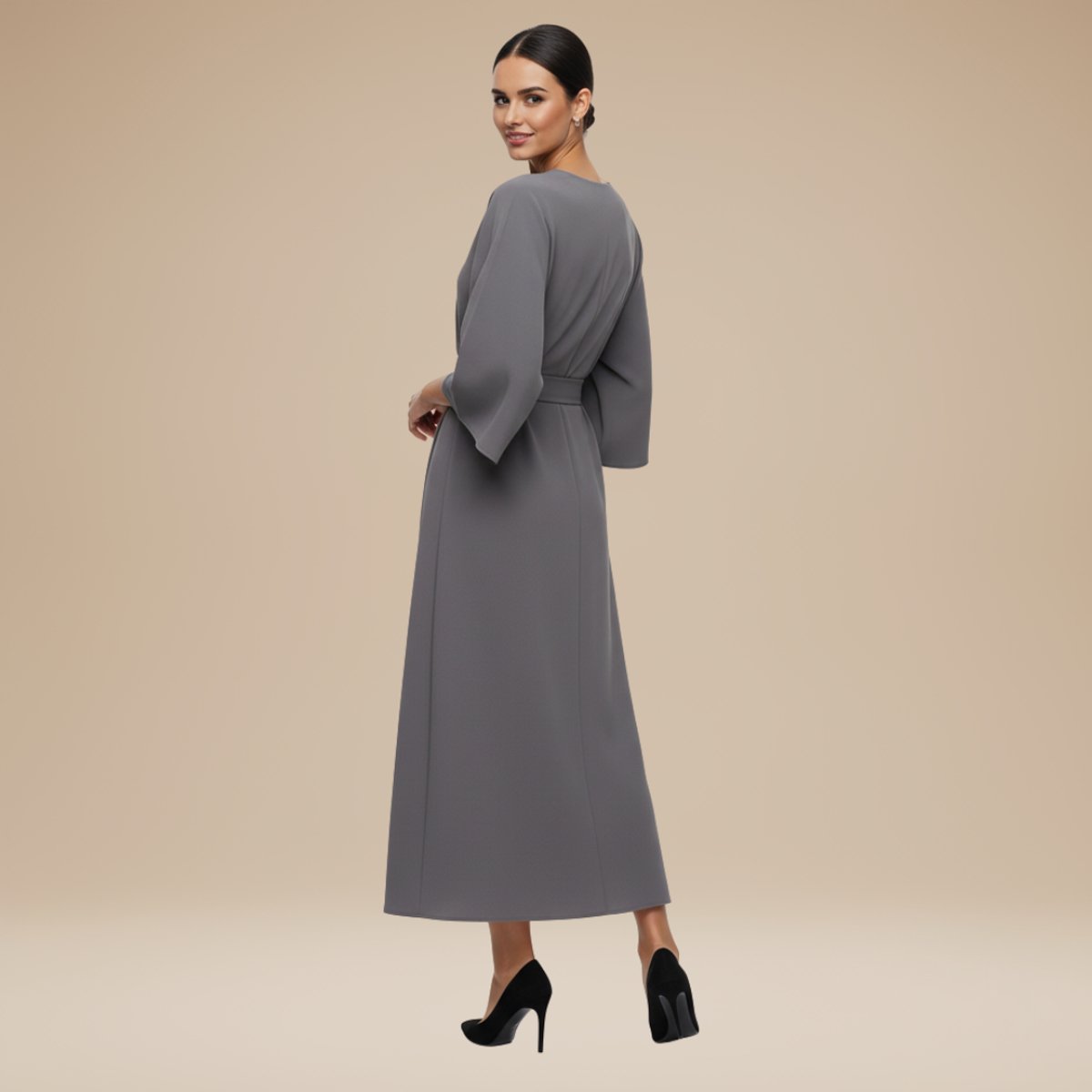 Willow | Women's Belted Wide-Sleeve Midi Long Sleeve Dress