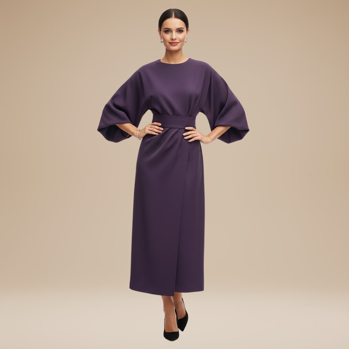 Willow | Women's Belted Wide-Sleeve Midi Long Sleeve Dress
