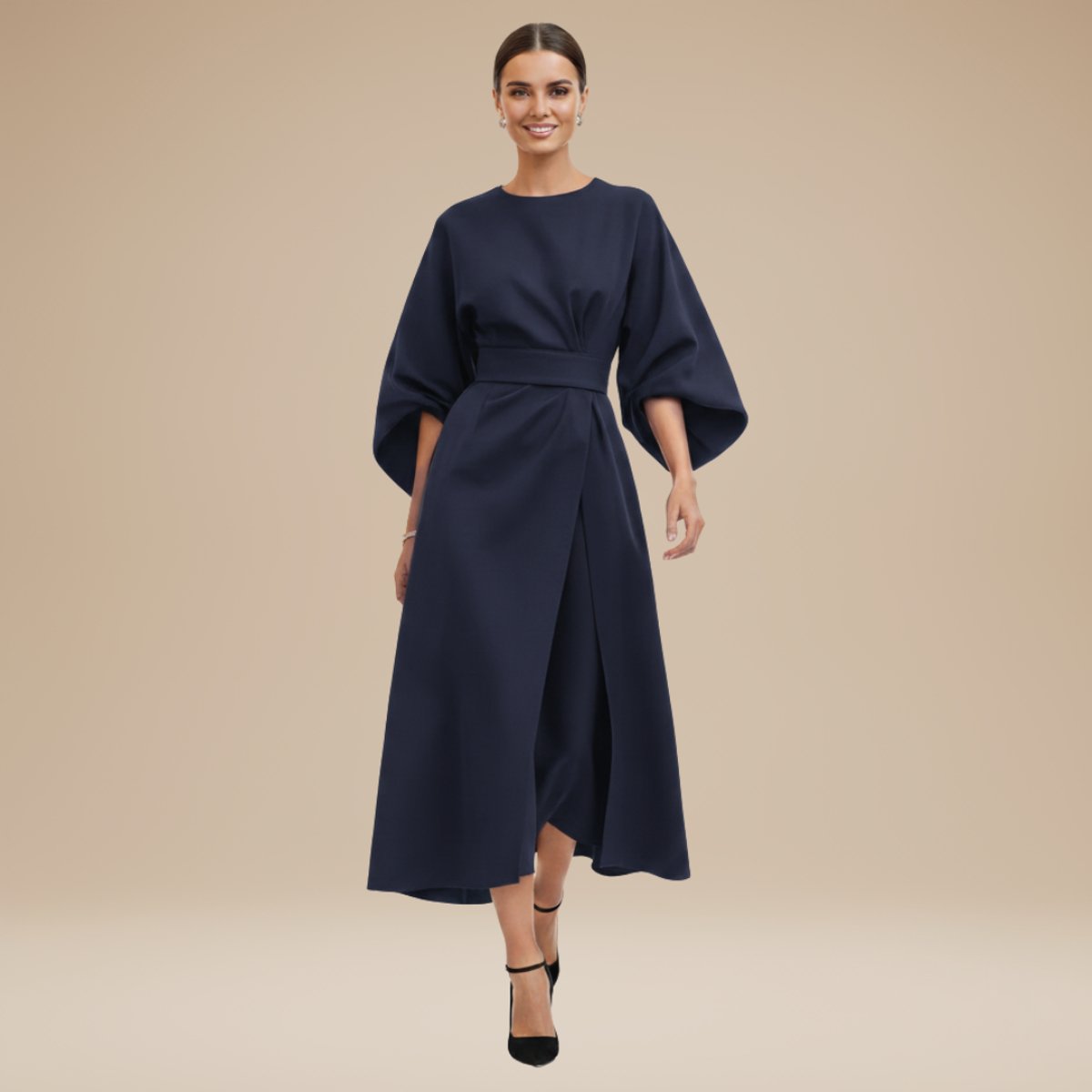 Willow | Women's Belted Wide-Sleeve Midi Long Sleeve Dress