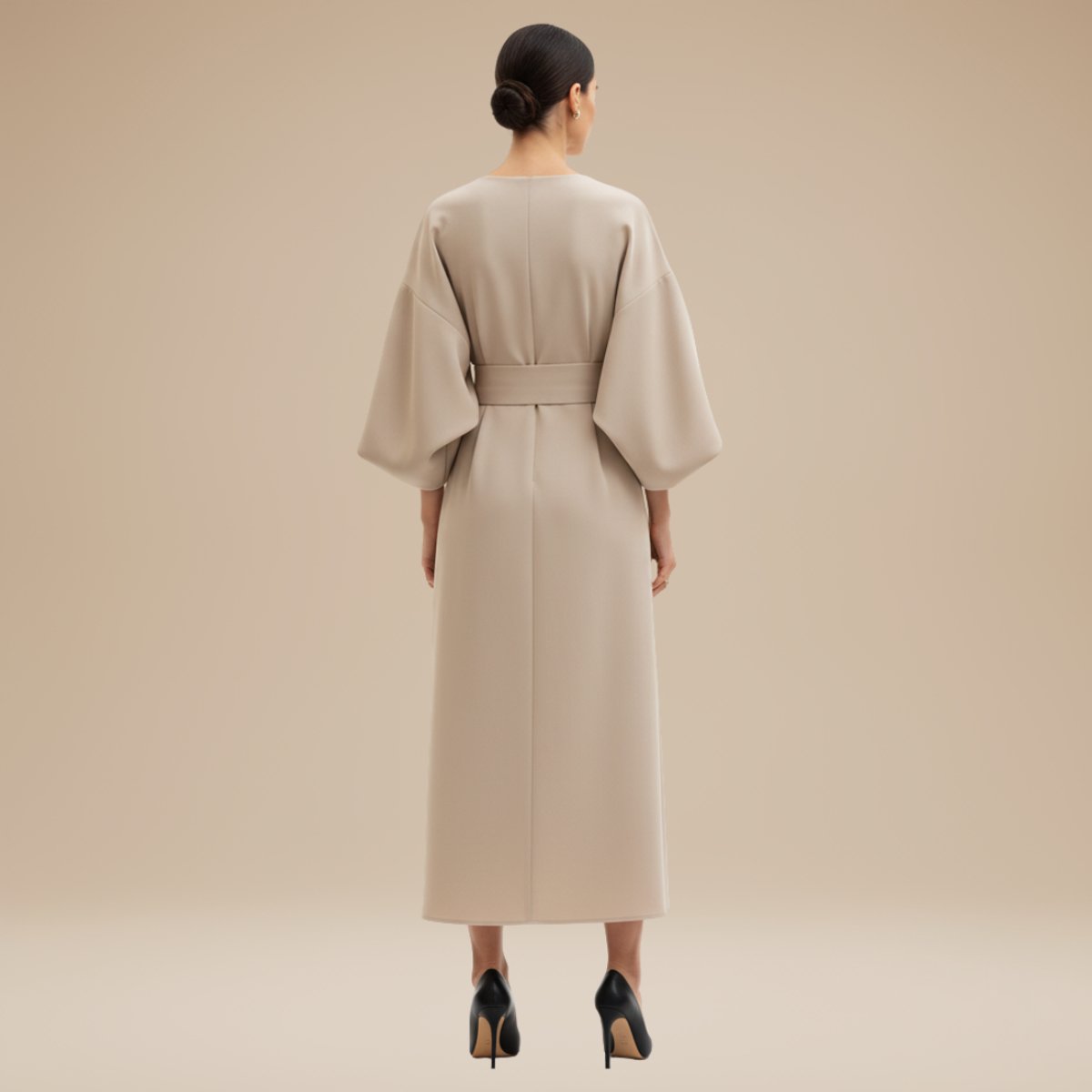 Willow | Women's Belted Wide-Sleeve Midi Long Sleeve Dress