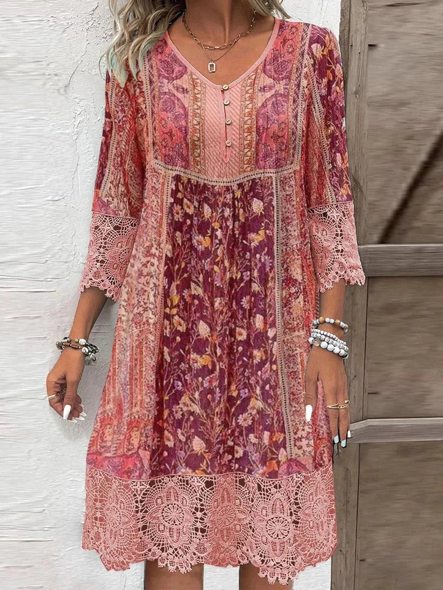 Rosie | Women's Bohemian Floral Lace-Trim Three-Quarter Sleeve Tunic Dress