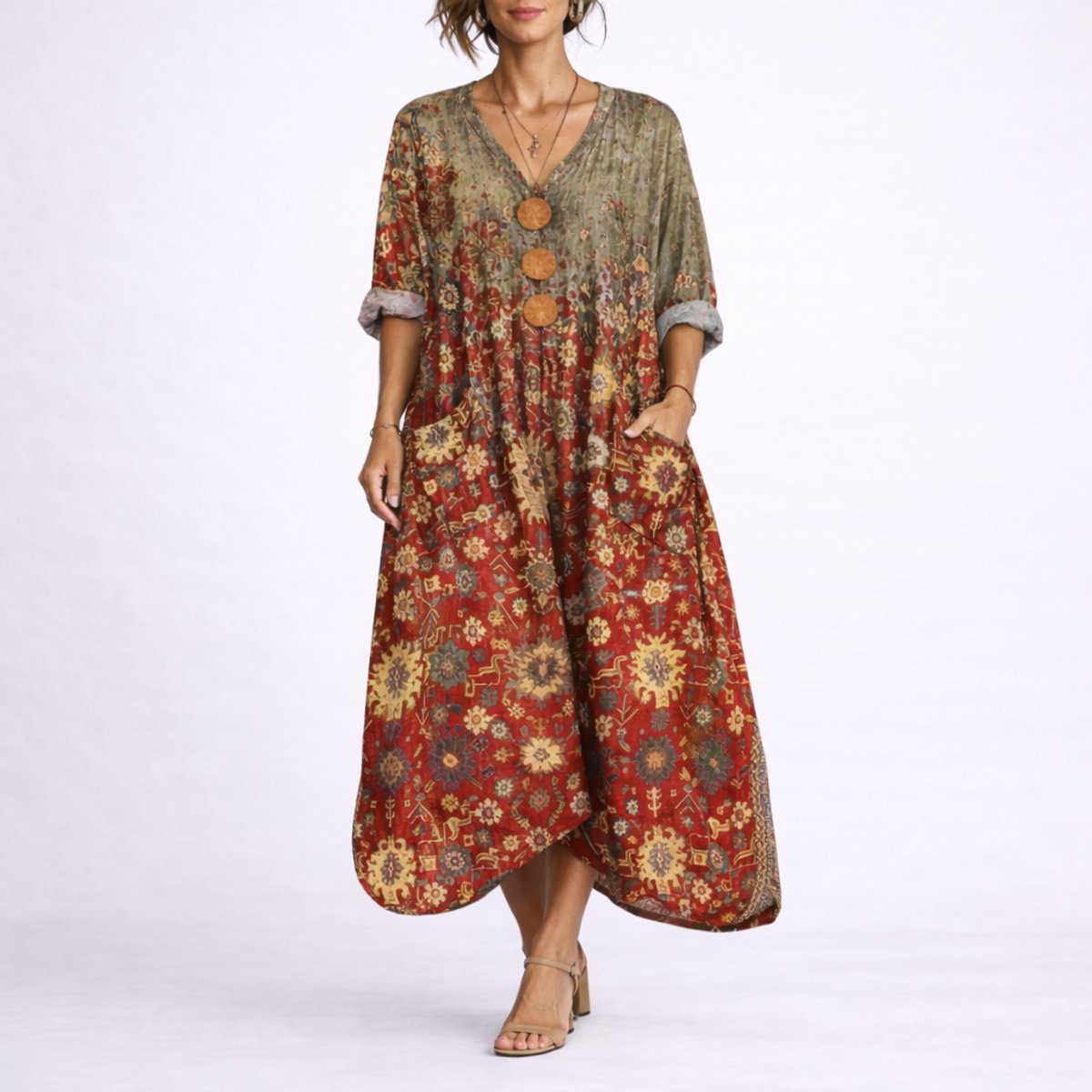Isla | Women's Bohemian Maxi Fall Wedding Guest Dress Flowy Kaftan