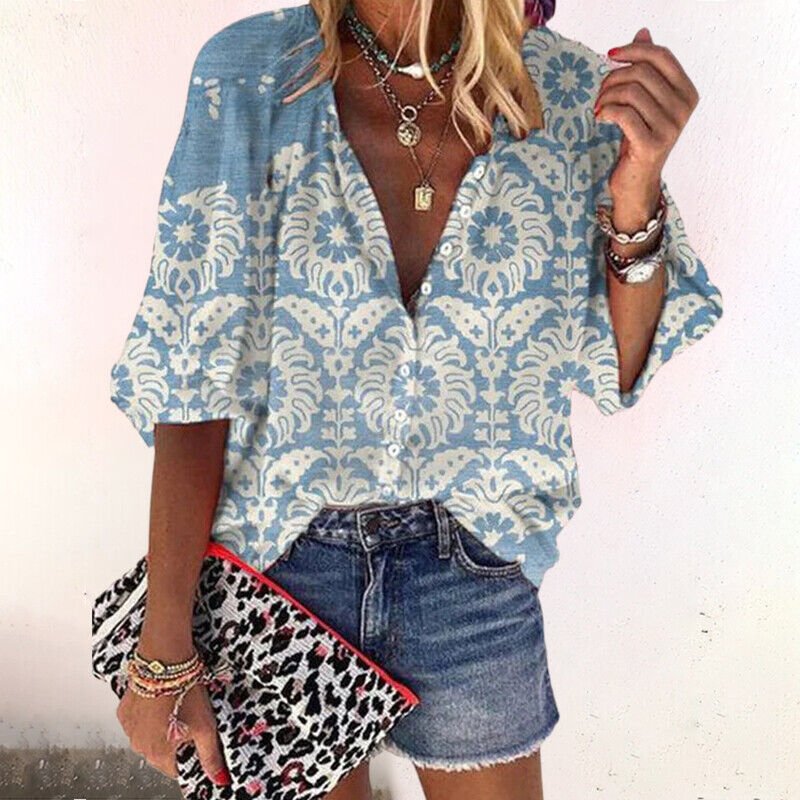 Ava | Women's Boho Floral V-Neck Long Sleeve Button-Down Blouse