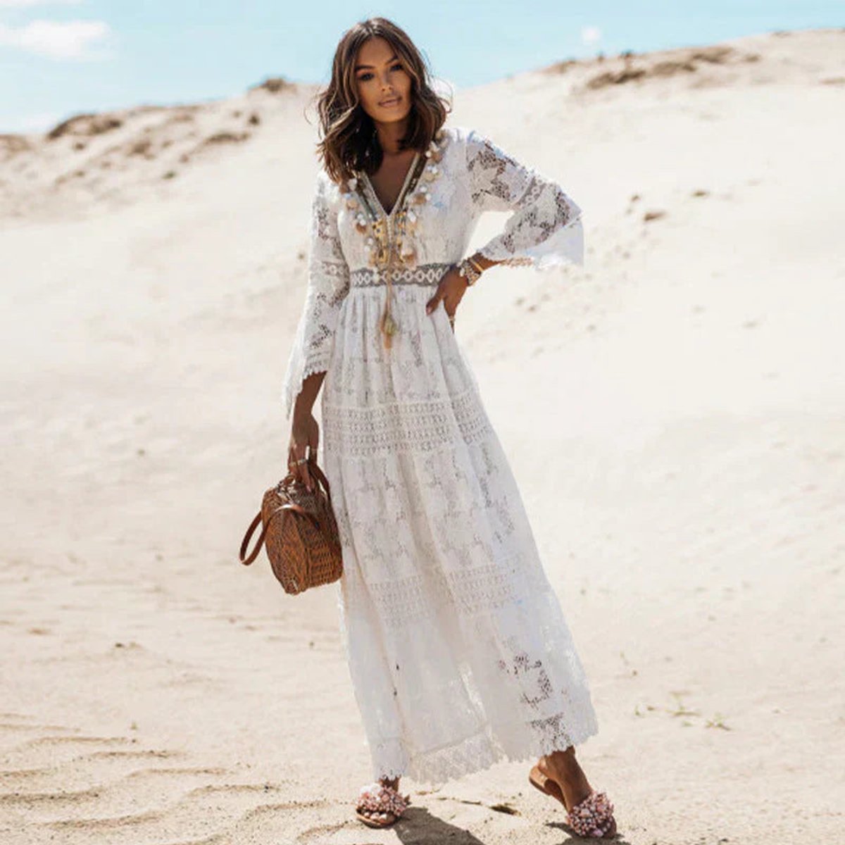 Ava | Women's Boho Lace Long Sleeve Flowy Maxi Dress V-Neck