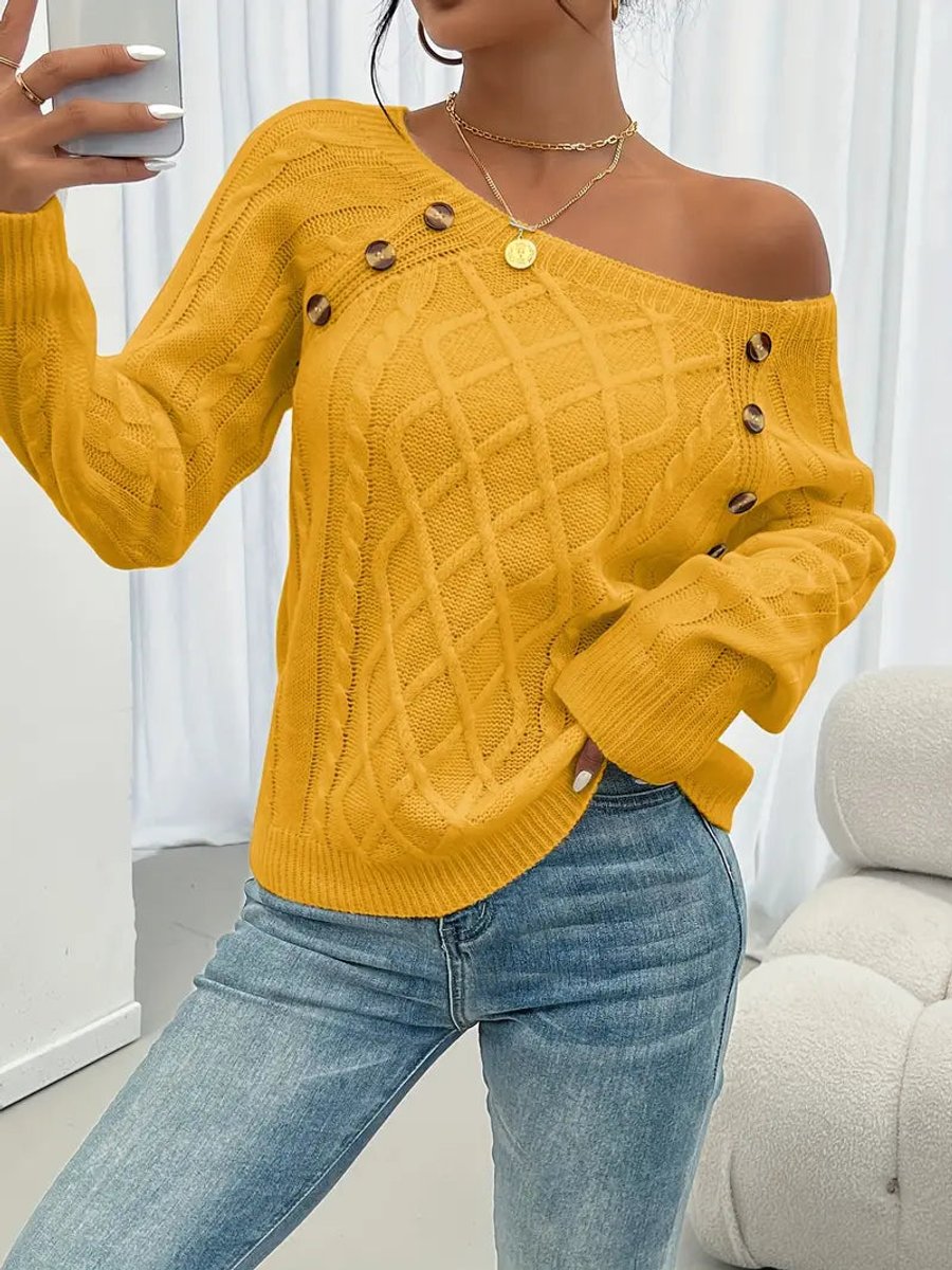 Grace | Women's Cable Knit Sweater Round Neck Button Detail Jumper
