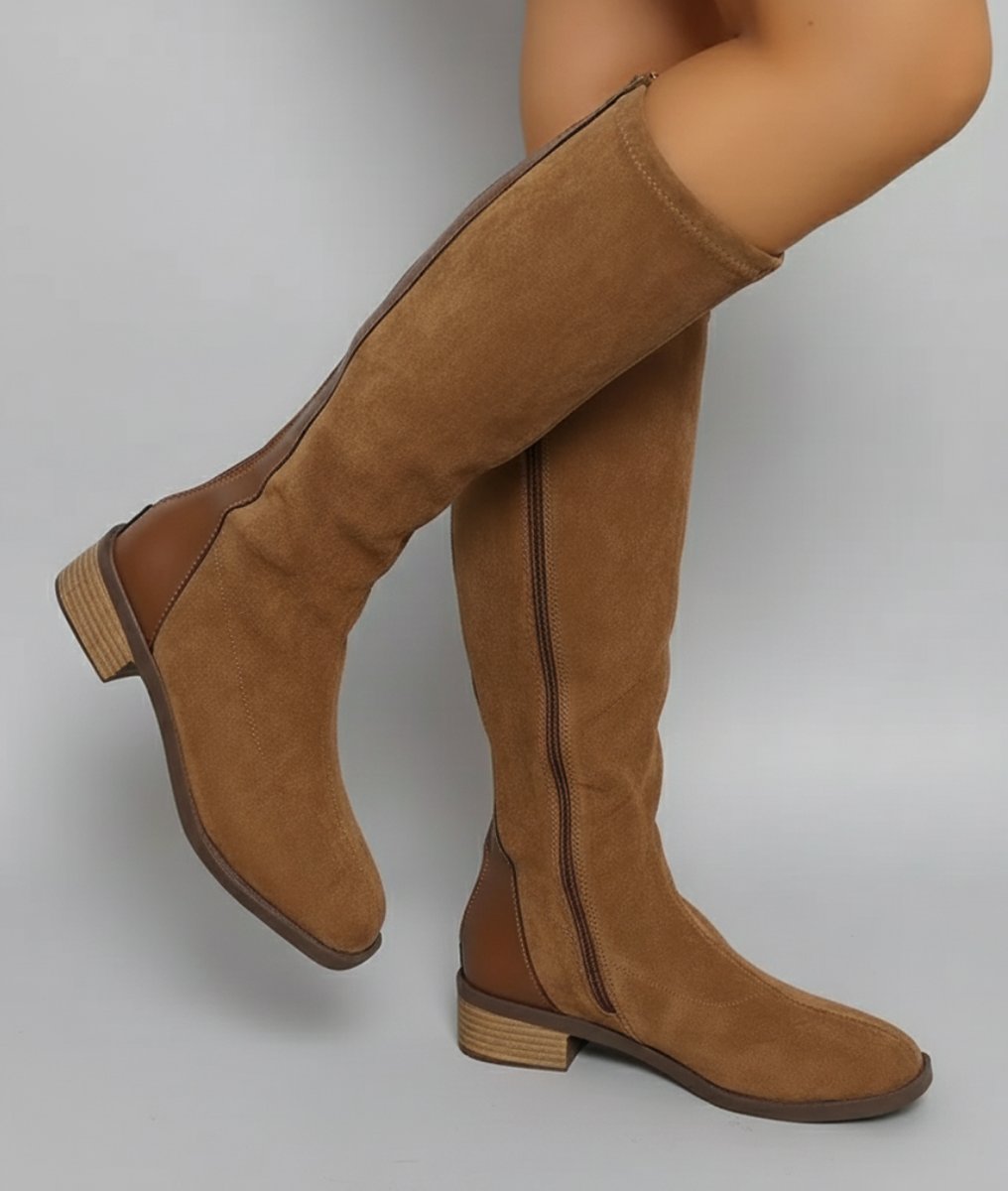 Isla | Women's Camel Suede-Look Knee-High Block Heel Boots