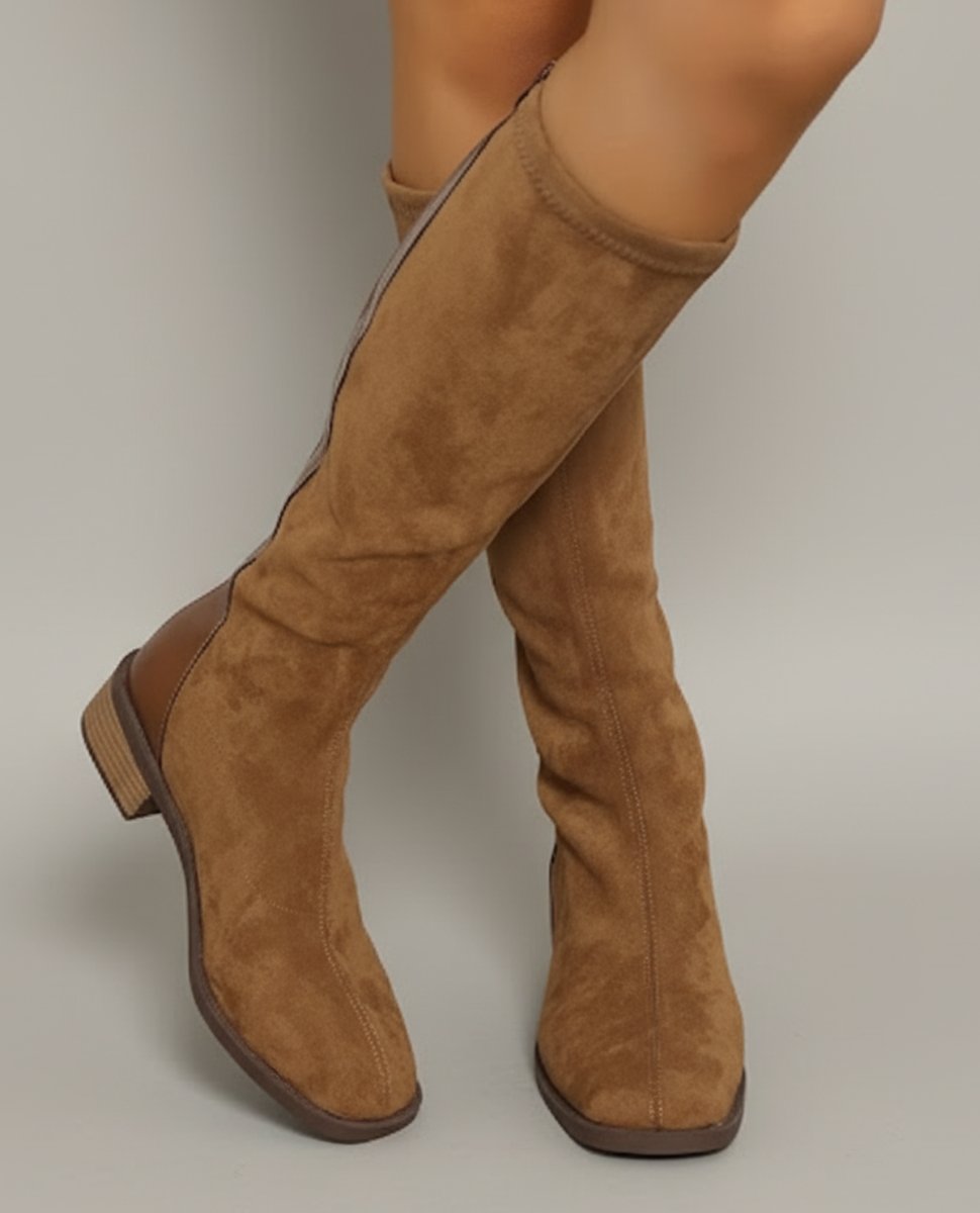 Isla | Women's Camel Suede-Look Knee-High Block Heel Boots