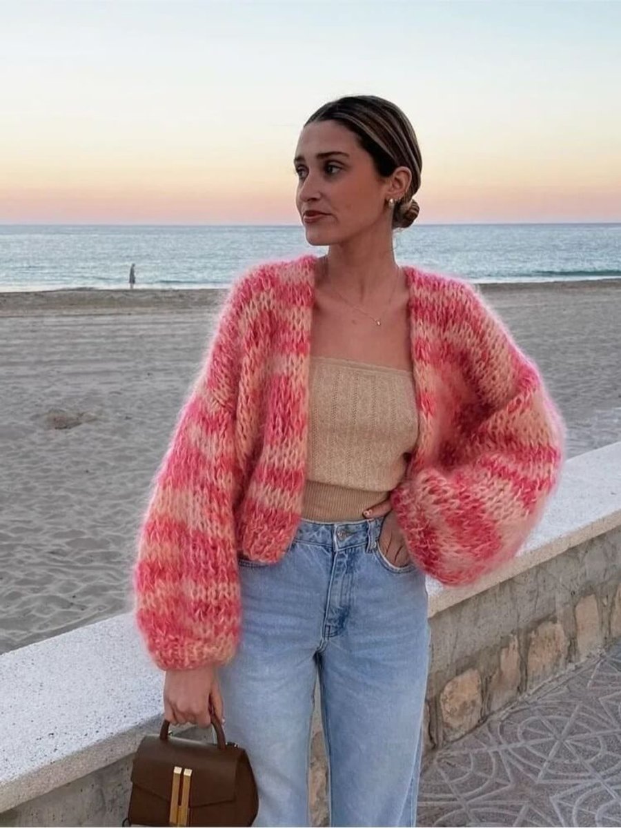 Amelia | Women's Cardigan Cropped Colour Block Knit Patchwork Jumper