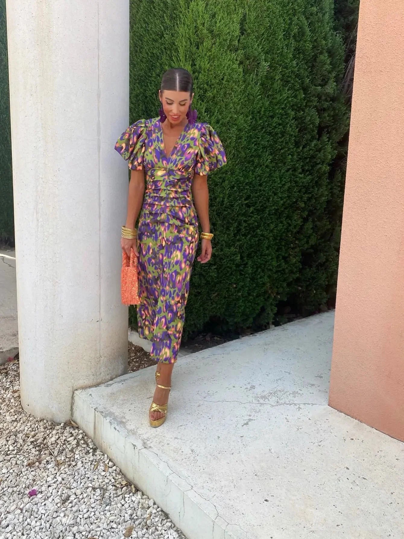 Women's Cocktail Floral V Neck Puff Sleeve Midi Dress