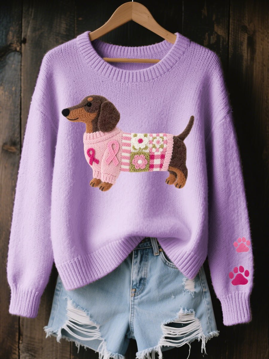 Freya | Women's Dachshund Patchwork Relaxed-Fit Knit Sweater Jumper