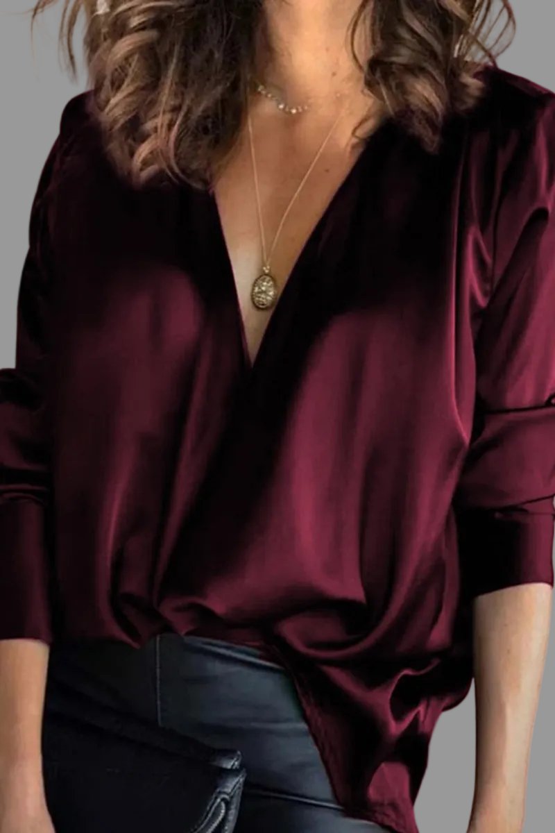 Amelia | Women's Deep V-Neck Long Sleeve Satin Blouse