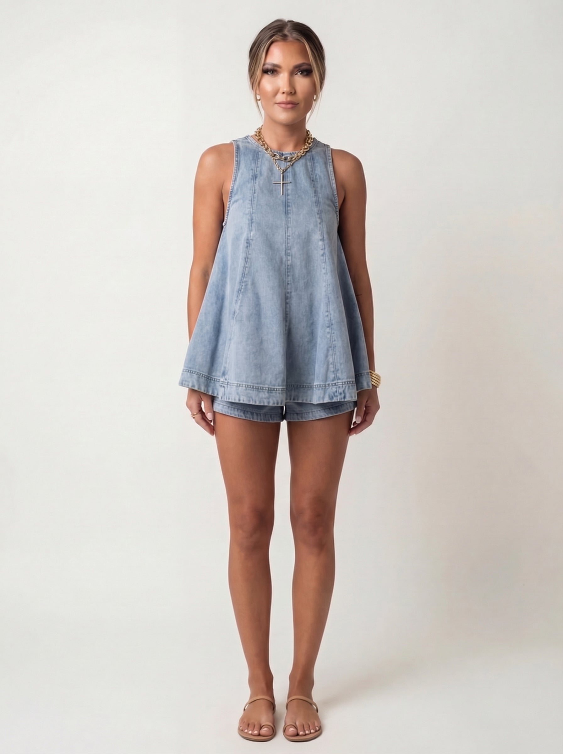 Women's Denim Tank Top and Shorts Two-Piece Set