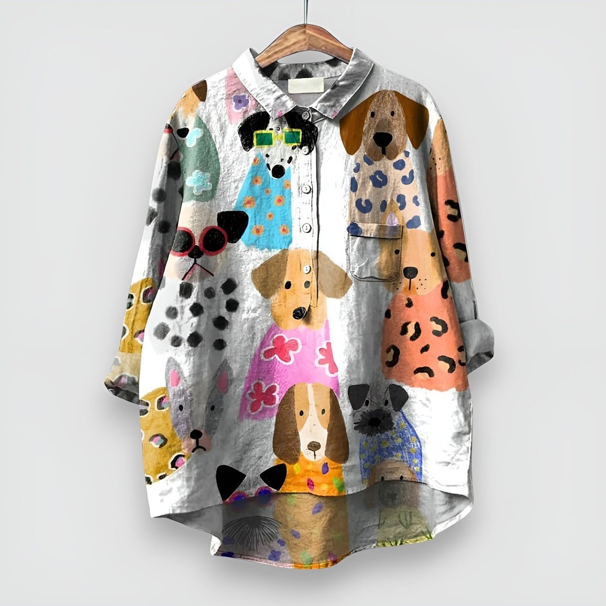 Ella | Women's Dog Print Long Sleeve Collared Button Shirt