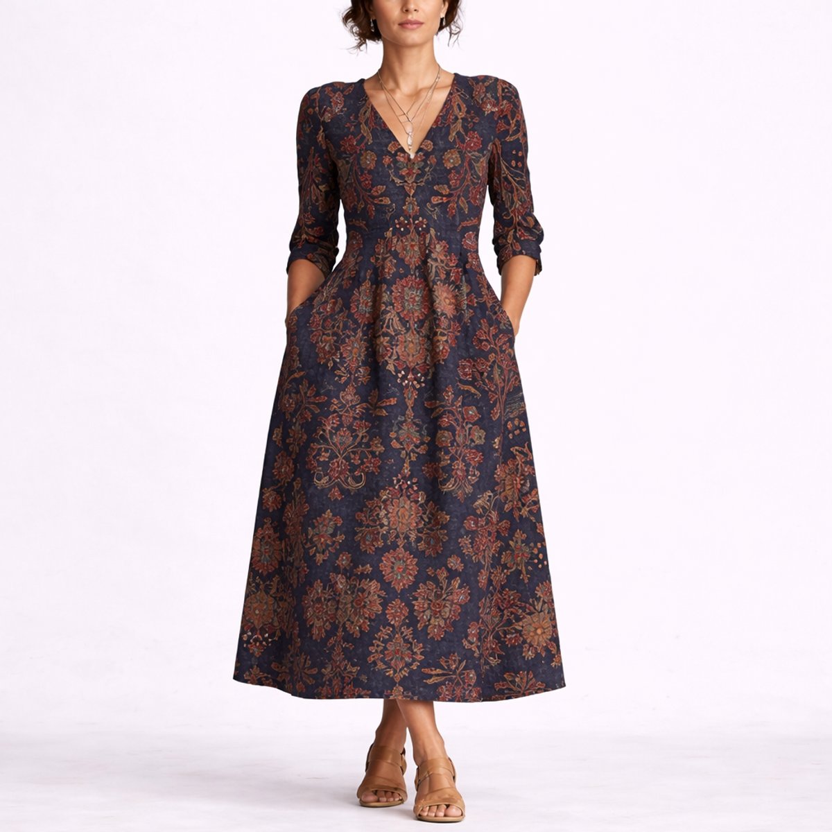 Aria | Women's Fall Wedding Guest Dresses Floral Linen Maxi V-Neck