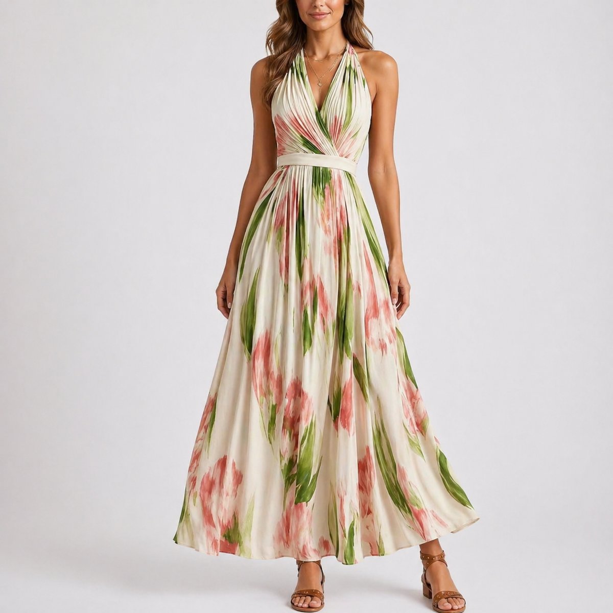 Sophie | Women's Fall Wedding Guest Dresses Halter Neck Floral Maxi Dress