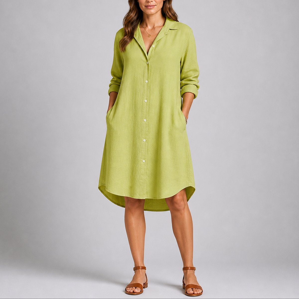 Lily | Women's Fall Wedding Guest Dresses Long-Sleeve Button-Front Midi Shirt Dress