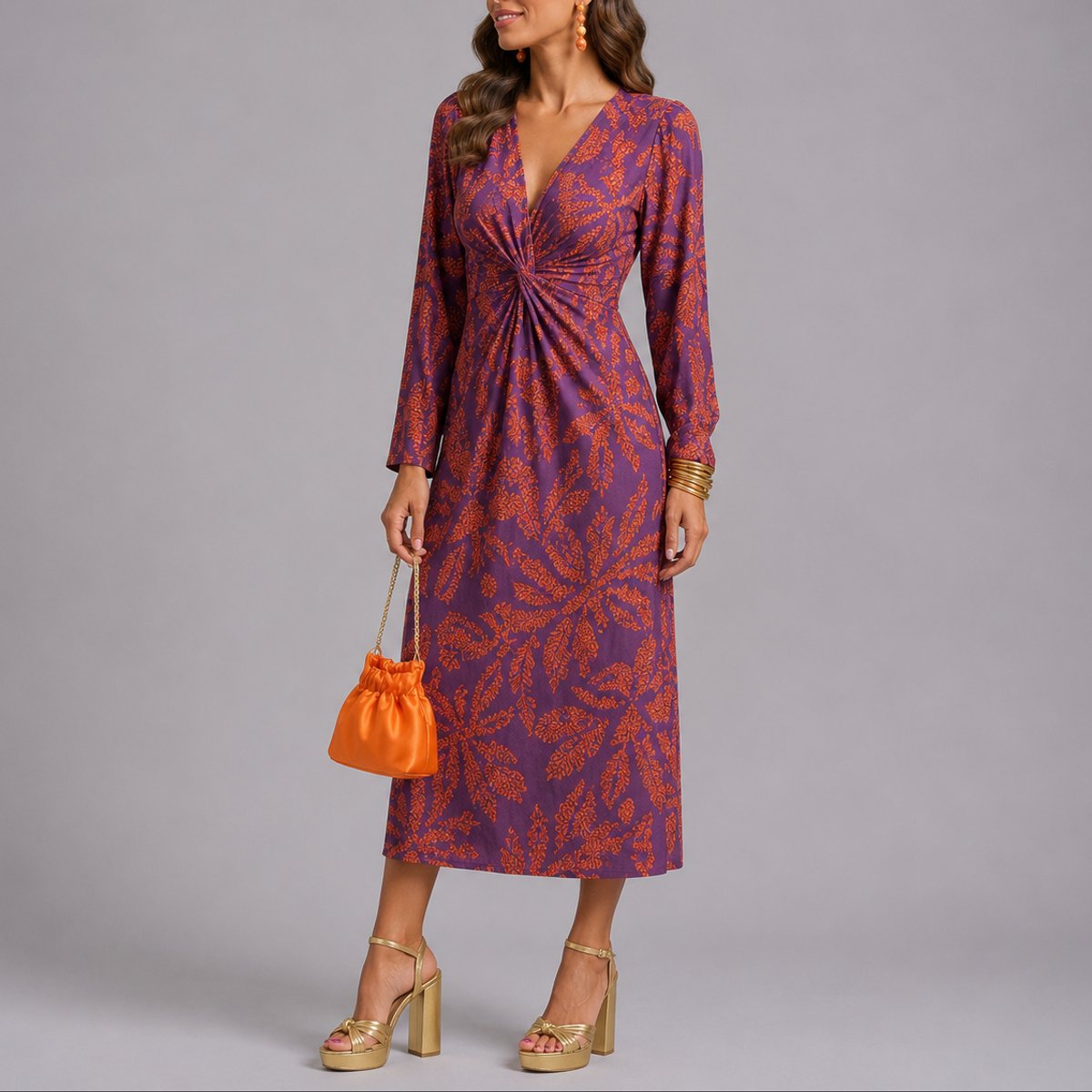 Isla | Women's Fall Wedding Guest Floral Twist-Front Long Sleeve Midi Dress