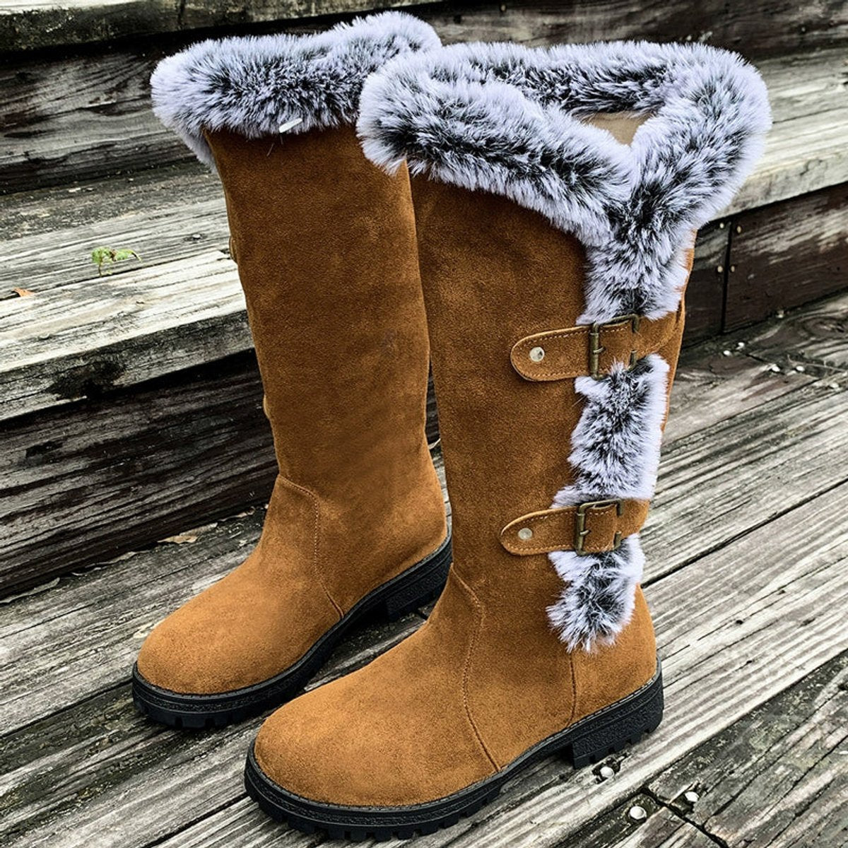 Freya | Women's Faux Suede Faux Fur Trim Buckle Knee High Boots