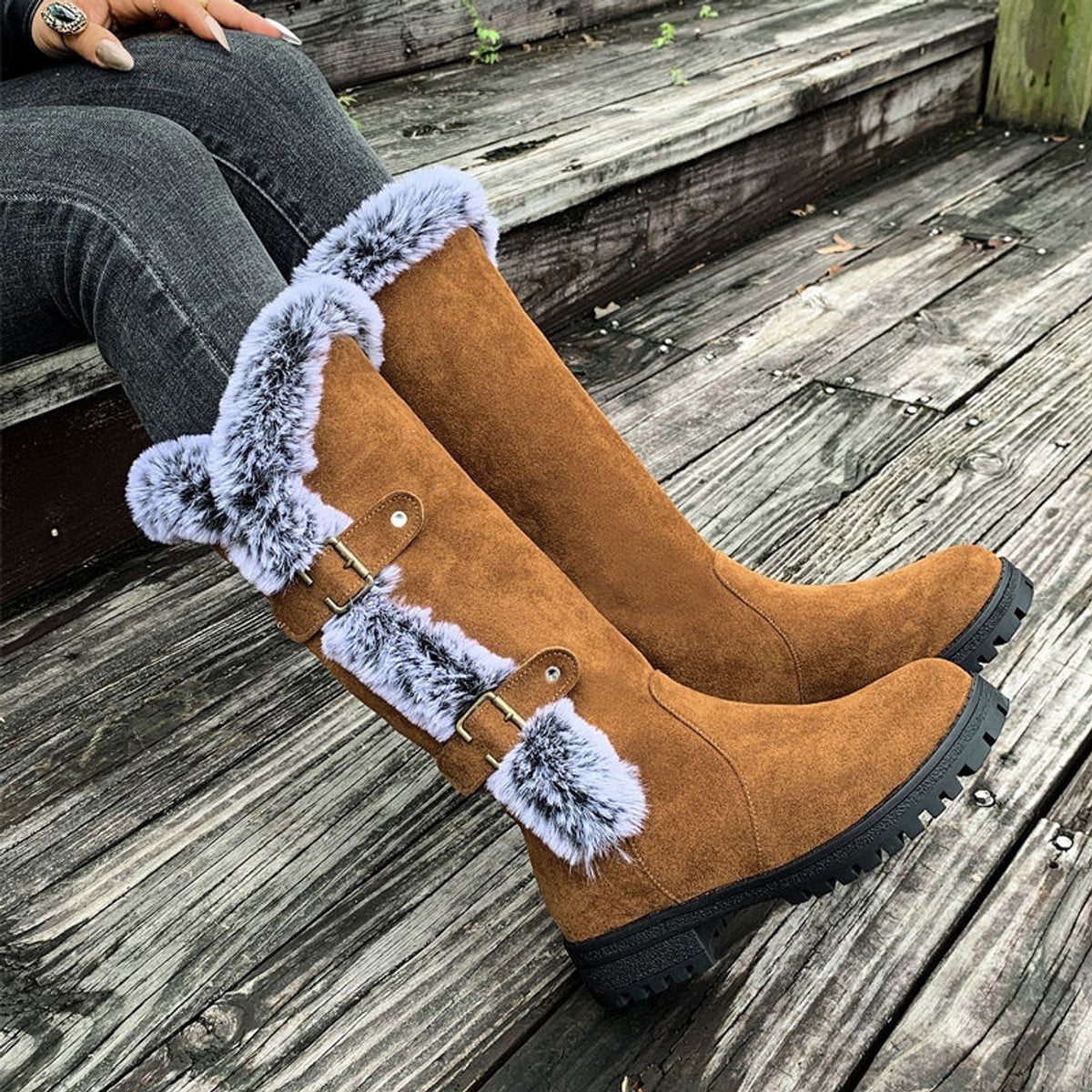 Freya | Women's Faux Suede Faux Fur Trim Buckle Knee High Boots
