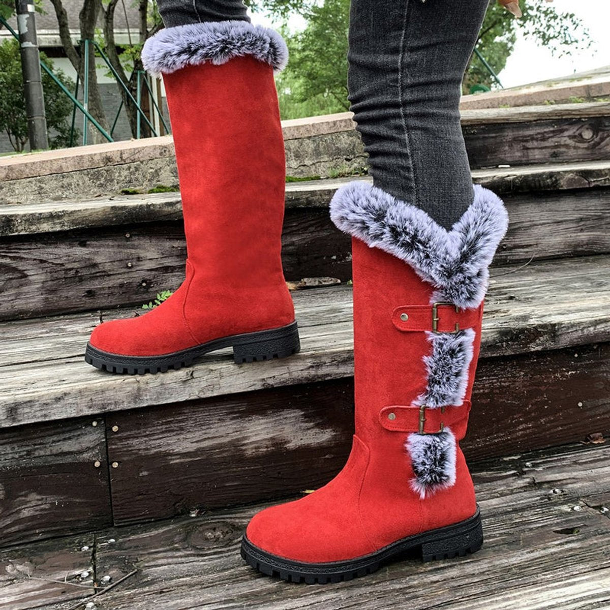 Freya | Women's Faux Suede Faux Fur Trim Buckle Knee High Boots