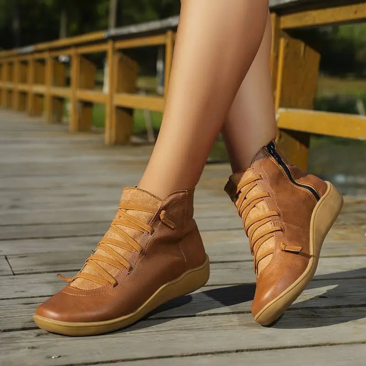 Sienna | Women's Flat Lace-Up Side-Zip Faux Leather Ankle Boots