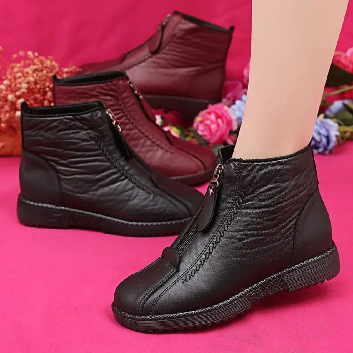 Grace | Women's Fleece-Lined Zip-Up Slip-Resistant Leather Ankle Boots