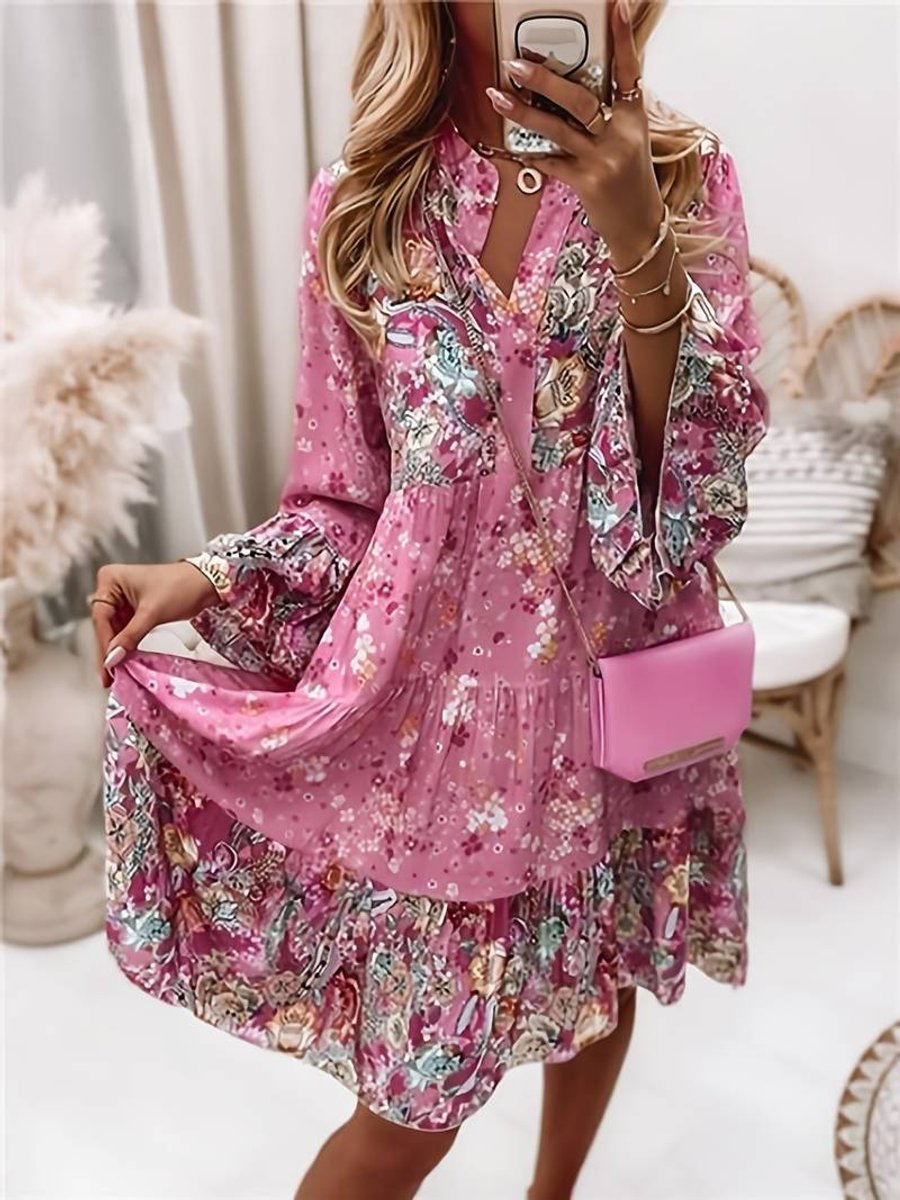 Olivia | Women's Floral Boho Mini Party Dress Long Sleeve V-Neck