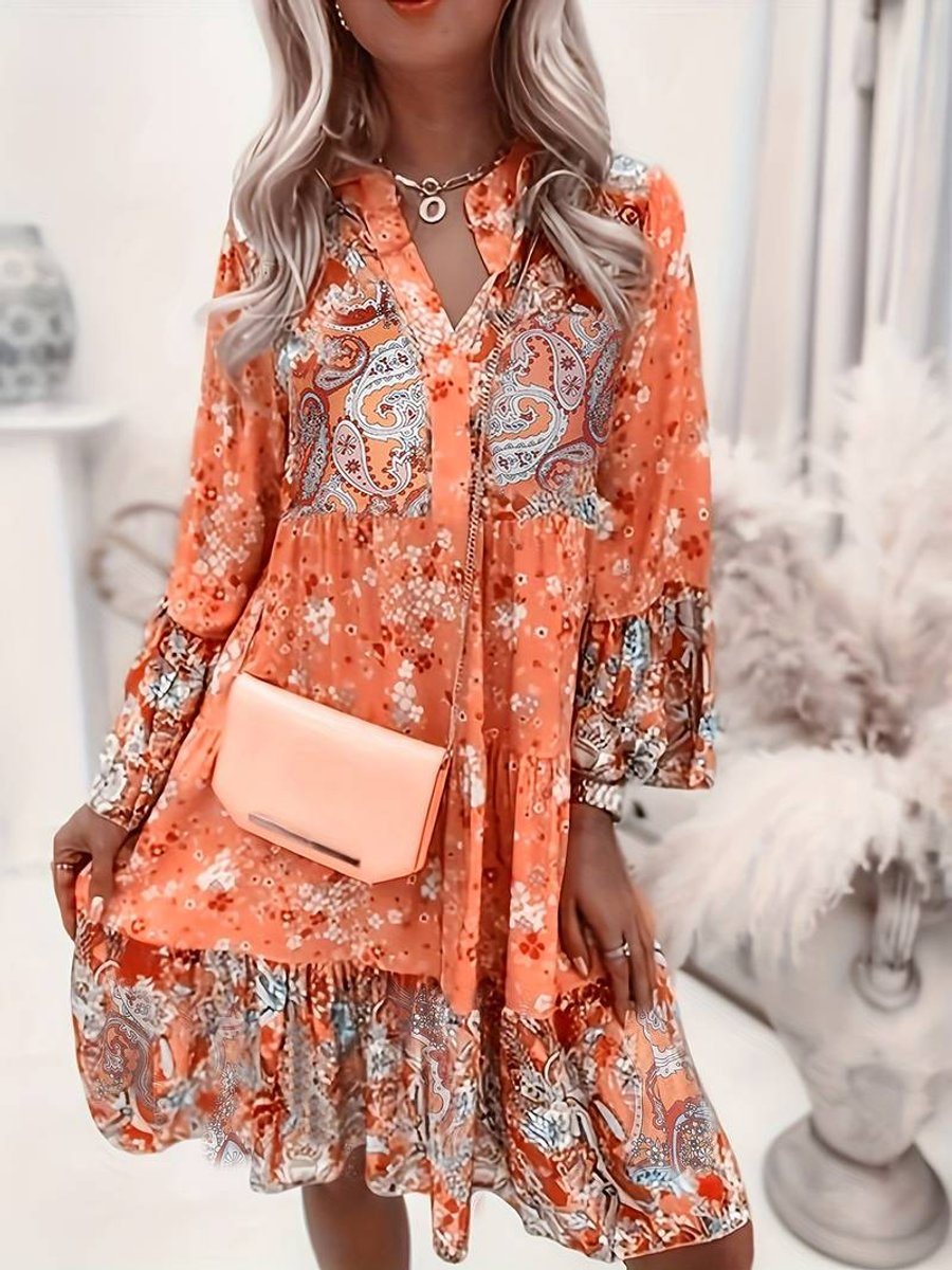 Olivia | Women's Floral Boho Mini Party Dress Long Sleeve V-Neck