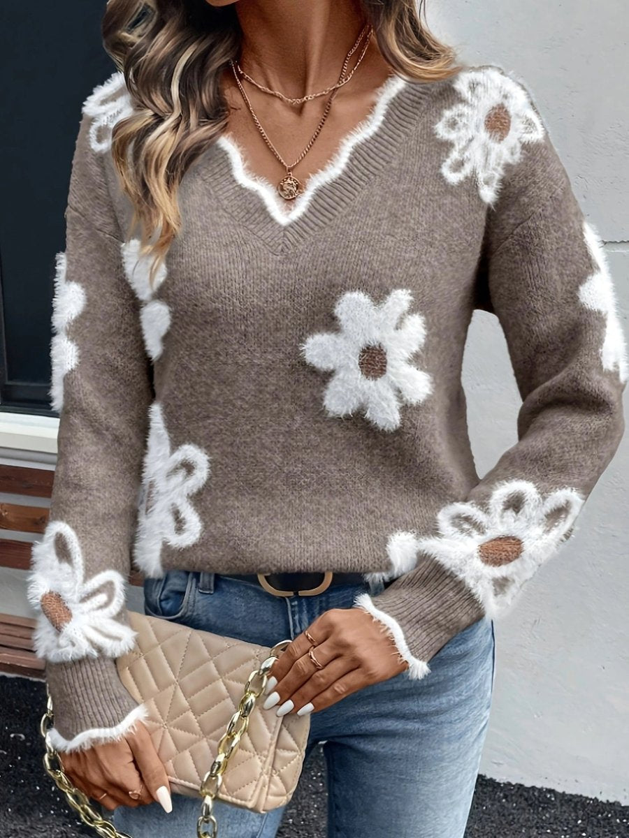 Aria | Women's Floral Daisy V-Neck Knit Sweater Jumper Long Sleeve