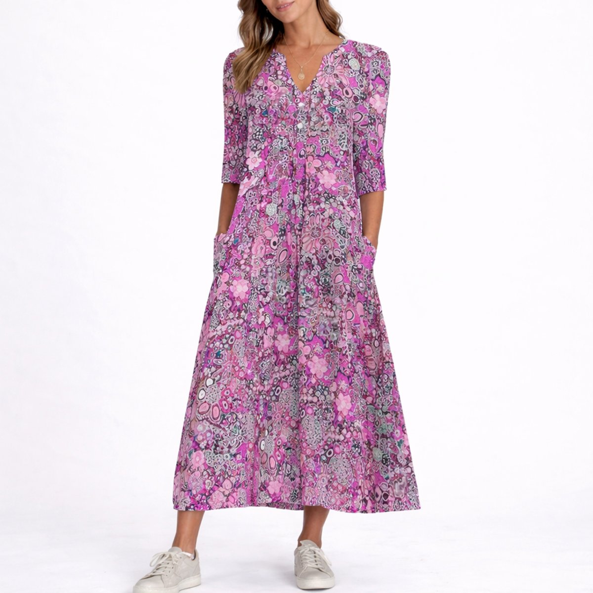 Evelyn | Women's Floral Midi Fall Wedding Guest Dress V-Neck Three-Quarter Sleeve
