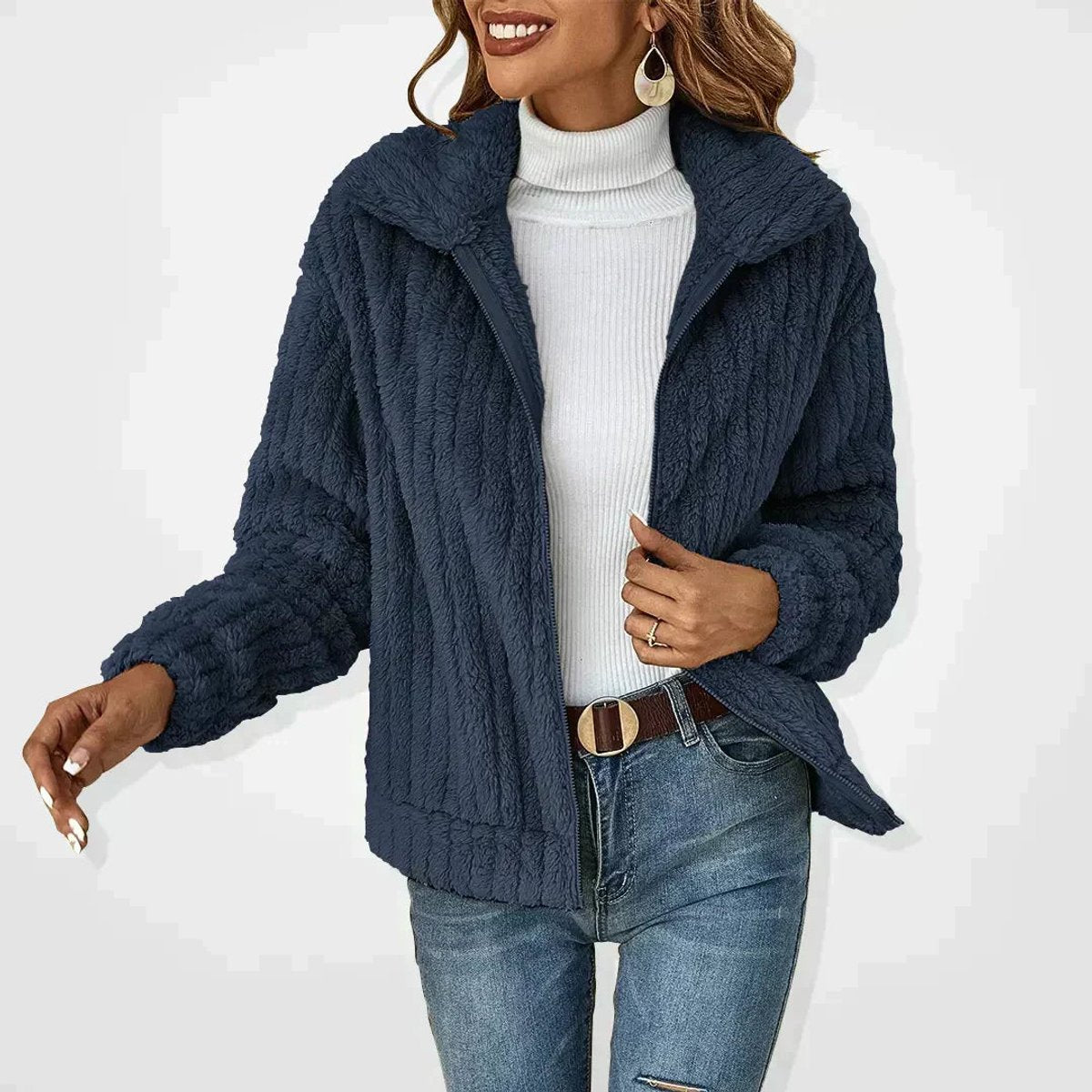 Mia | Women's Fluffy Plush Zip-Up Oversized Cardigan Jacket