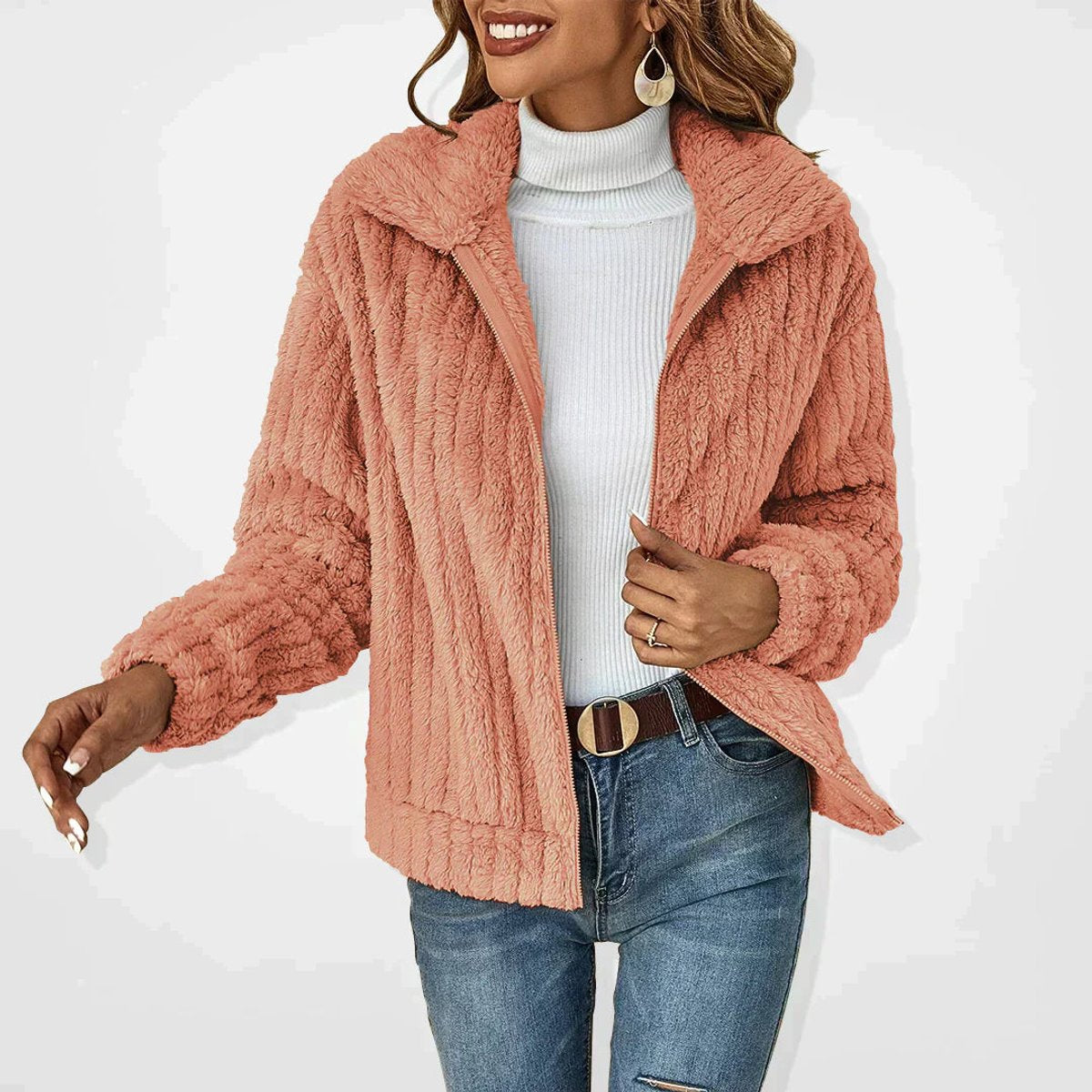 Mia | Women's Fluffy Plush Zip-Up Oversized Cardigan Jacket